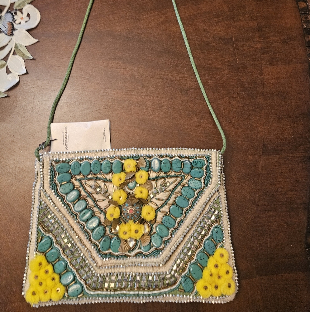 Antik Batik Embroidered Floral Beaded Shoulder/clutch - Green and Yellow